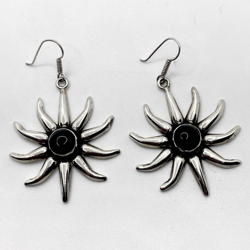 Vtg Sterling & Onyx Celestial Sun / Floral Flower Design Earrings 2.5” / 19g